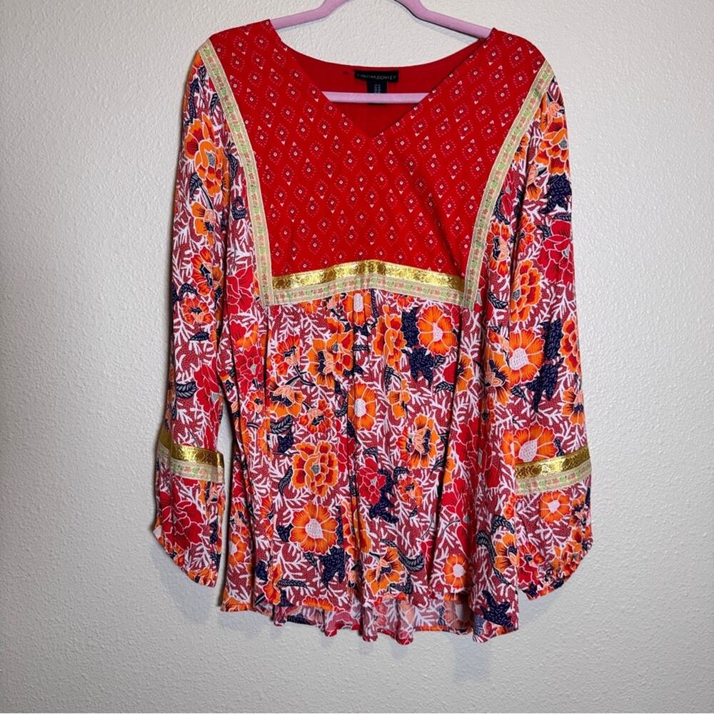 Cynthia Rowley Red Gold Floral Boho Blouse Womens 1X Fall Peasant Flowy Shirt - Picture 13 of 13